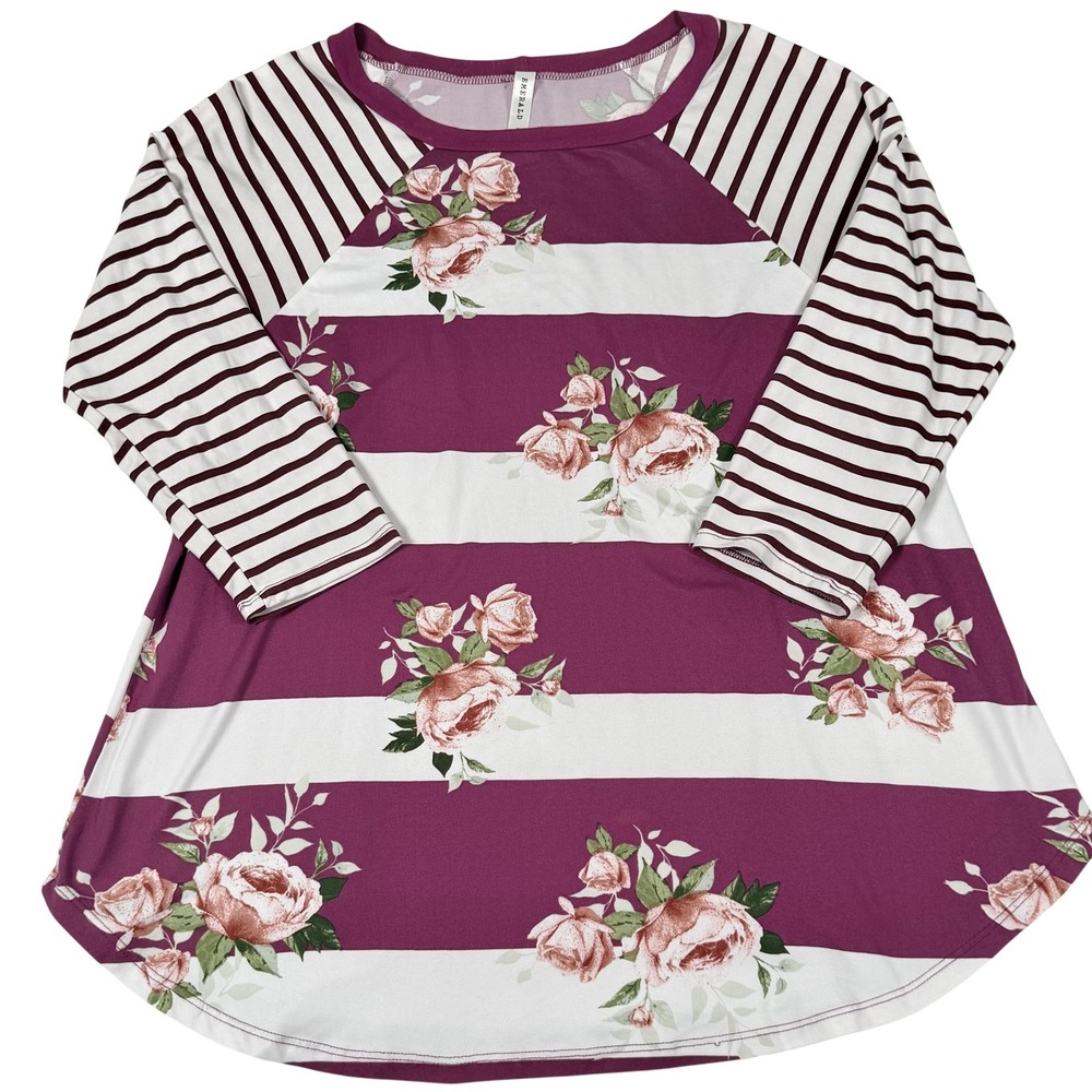 Emerald Shirt Womens Medium Pink White Floral Stripe 3/4 Sleeve Raglan Tunic